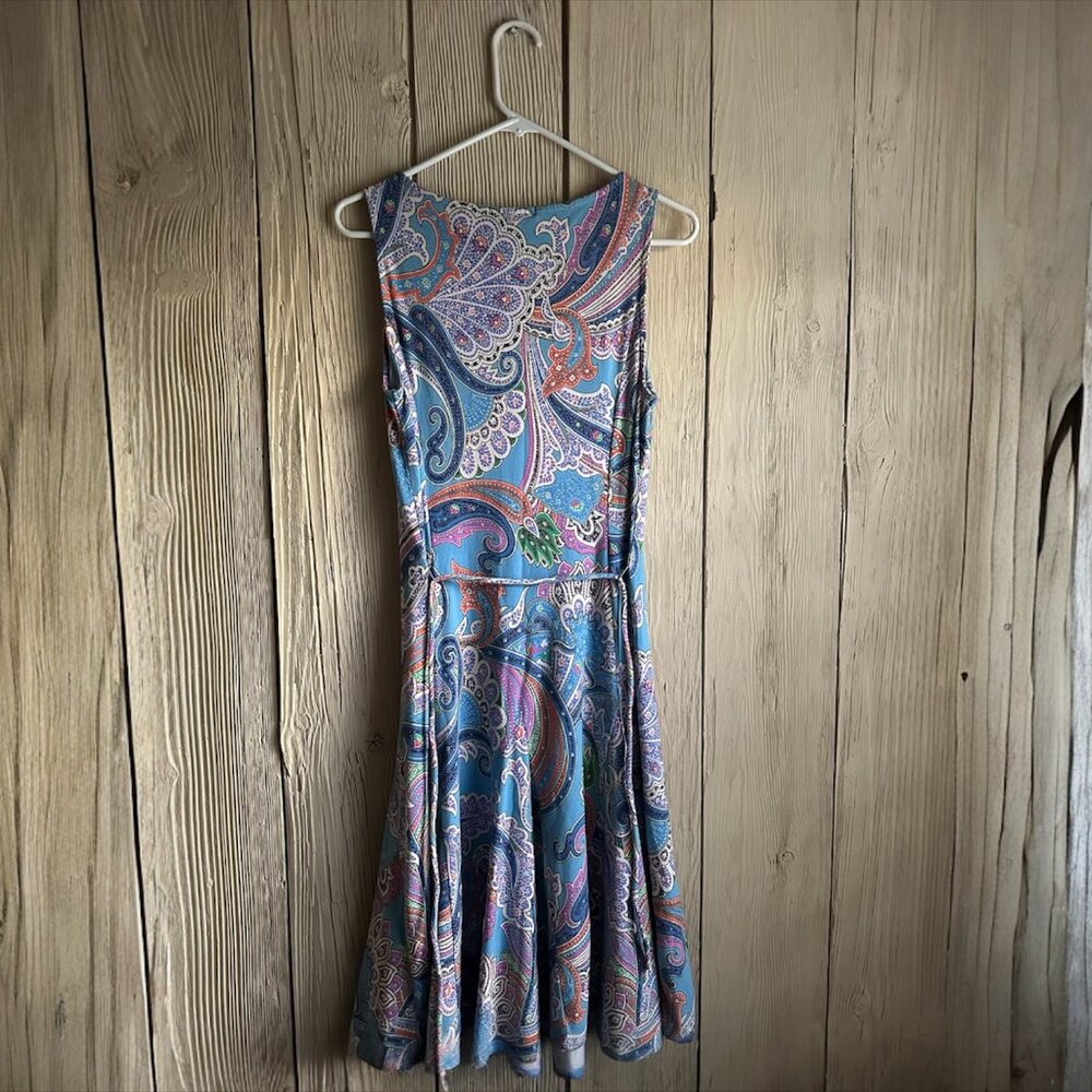 Lauren Ralph Lauren Paisley Fit & Flare Dress Blue Sleeveless Stretch Midi - Picture 5 of 6